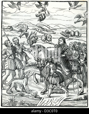 Vintage engraving after Turberville, Book of Faulconrie, of Queen Elizabeth I's outing hawking. 1575 Stock Photo