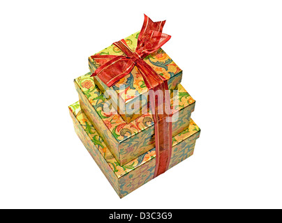 Three colorful gift boxed tied with a bow on a white background. Stock Photo