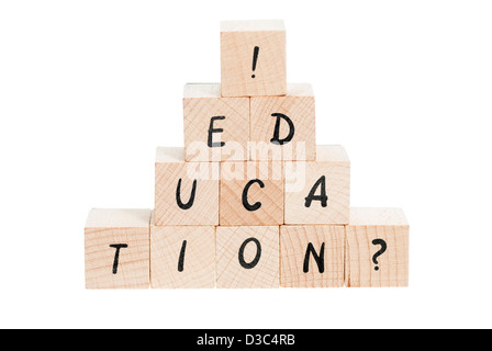 Education spelled out with wooden blocks and exclamation mark. Stock Photo