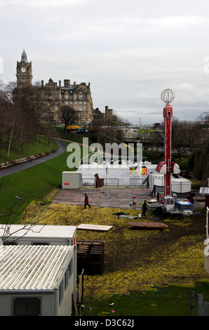 Dismantling the Christmas/New Year fairground in Princes Street Gardens, Edinburgh, Scotland. Stock Photo