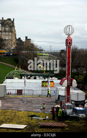 Dismantling the Christmas/New Year fairground in Princes Street Gardens, Edinburgh, Scotland. Stock Photo