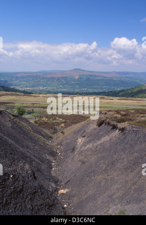 Canada Tips Coal waste tips on Blorenge with view across Usk Valley to Sugar Loaf mountain Near Blaenavon South Wales UK Stock Photo
