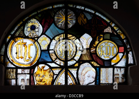 Medieval stained glass fragments, All Saints Church, Church Lench, Worcestershire, UK Stock Photo