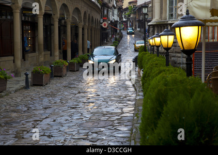Bulgaria, Europe, Veliko Tarnovo, Samovodska Charshiya, Varosh Quarter Bazaar, Cobbled Street Lined With Lanterns. Stock Photo