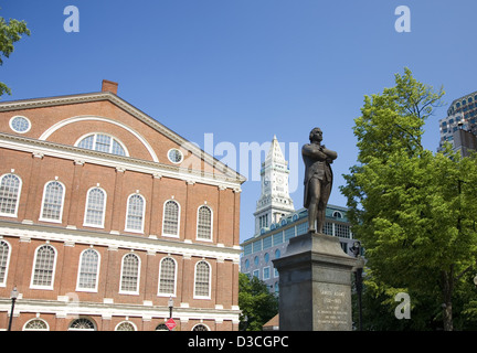 Statue Of Samuel Adams Infront Of Faneuil Hall With The Custom House Tower In Background, Boston, Massachusetts, Usa Stock Photo
