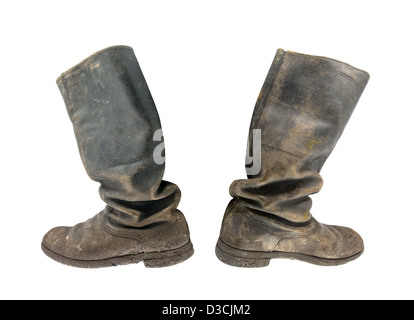 old dirty military boots isolated on white background, Kirza Stock Photo
