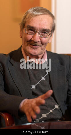Stanislav Petrov, retired Soviet Lieutenant-Colonel, looks on during an interview in a hotel in Dresden, Germany, 15 February 2013. The former Russian soldier is credited with preventing a nuclear war on 25 September 1983 between the superpowers. He judged an early warning system that erroneously detected a missile launch from the United States to be a false alarm and thereby is thought to have averted a nuclear holocaust. On 17 February he will be presented the Dresden Peace Prize. Photo: Oliver Killig Stock Photo