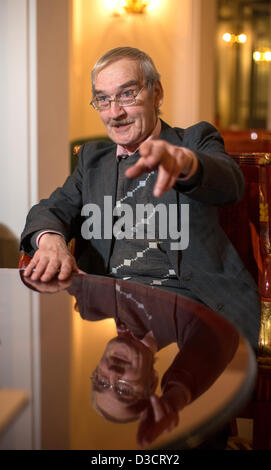 Stanislav Petrov, retired Soviet Lieutenant-Colonel, speaks during an interview in a hotel in Dresden, Germany, 15 February 2013. The former Russian soldier is credited with preventing a nuclear war on 25 September 1983 between the superpowers. He judged an early warning system that erroneously detected a missile launch from the United States to be a false alarm and thereby is thought to have averted a nuclear holocaust. On 17 February he will be presented the Dresden Peace Prize. Photo: Oliver Killig Stock Photo