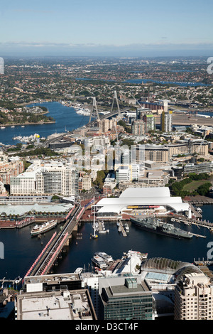 Elevated aerial view overlooking Pyrmont Bridge - Darling Harbour and out to the Blue Mountains Sydney Australia Stock Photo
