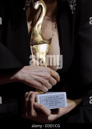 Italian actress and producer Francesca Neri poses with their Premio Bacco trophy at the Italian film gala Notte delle Stelle as part of the 63rd annual Berlin International Film Festival aka Berlinale, in Berlin, Germany, 15 February 2013. During the gala the Premio Bacco award is presented by Italian film critics at hotel Maritim Berlin. Photo: Jens Kalaene/dpa Stock Photo