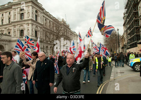 London, UK. Saturday 16th February 2013. Loyalist Flag or 'fleg' protesters from Northern Ireland join various right-wing nationalist groups from the mainland UK as they march through Whitehall. Credit: Pete Maclaine/Alamy Live News Stock Photo