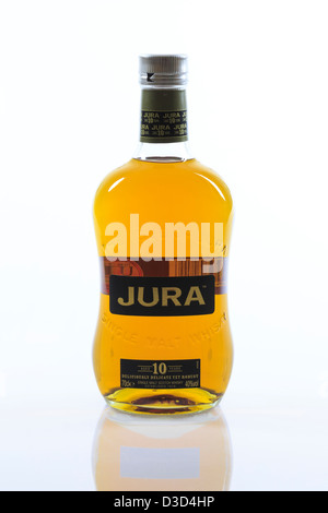 Bottle of Jura Scottish single malt Scotch whisky aged 10 years, isolated on a white background. Scotland, UK, Britain