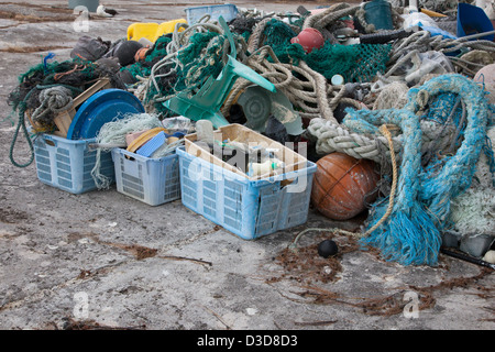 Marine debris brought to Midway Atoll by ocean currents then collected to be shipped off island for recycling or disposal Stock Photo