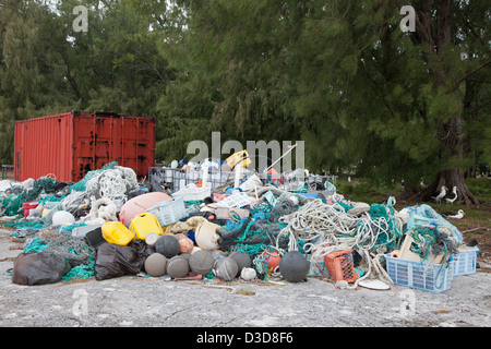 Marine debris brought to Midway Atoll by currents then collected to be shipped off island for recycling or disposal Stock Photo