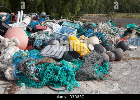 Plastic marine debris brought to Midway Atoll by ocean currents then collected to be shipped off island for recycling or disposal Stock Photo