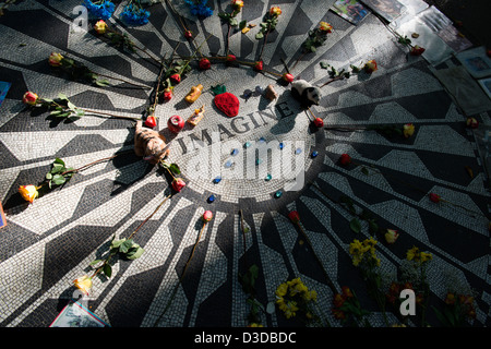 Mosaic with the title of John Lennon's famous song 'Imagine' sits in Strawberry Fields, a part of Central Park. Stock Photo