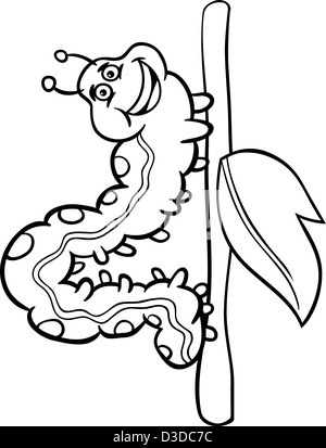 Black and White Cartoon Illustration of Funny Caterpillar Insect on stick with leaf for Coloring Book Stock Photo