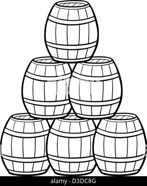 Black and White Cartoon Illustration of Wooden Barrels in a Heap Stock Photo