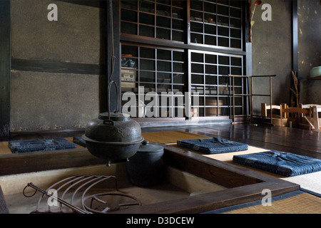 Traditional Japanese irori or sunken hearth showing lit fire