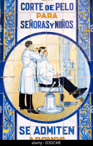 Old ceramic tiles of the Gran Peluqueria Vallejo mens hairdresser, Lavapies, Madrid, Spain Stock Photo