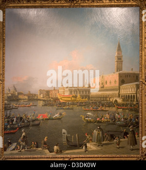 LONDON, ENGLAND - APRIL  2005:  Canaletto's 'View of Mole, Venice' on view at Christie's auction house, King Street.   The painting was auctioned on the 6th of July 2005 and sold for £11,432,000. Stock Photo