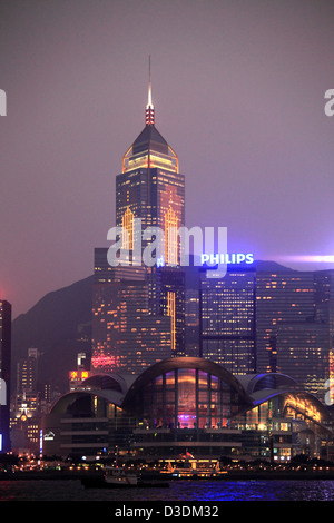 China, Hong Kong, Wanchai, Central Plaza, Convention & Exhibition Centre, night, Stock Photo