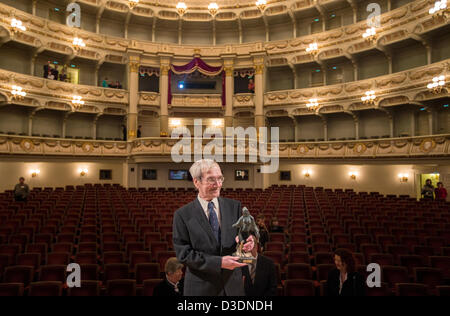 Former Soviet officer Stanislav Petrov holds the 'Dresden Prize' in the Semper Opera in Dresden, Germany, 17 February 2013. The prize is worth 25,000 euros. The alarm was signalled while he was on duty at the command center for the Soviet Air Defence Forces on 26 September 1983. The 73 year-old judged the alarm to be a false alarm preventing a nuclear attack on the USA. Photo: OLIVER KILLIG Stock Photo