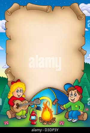 Old parchment with camping kids - color illustration. Stock Photo