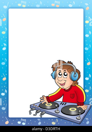 Music frame with cartoon DJ boy - color illustration. Stock Photo