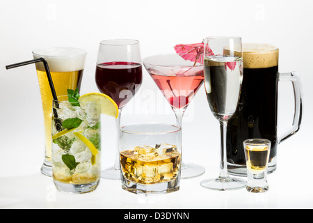 Various types of alcohol on a white background Stock Photo