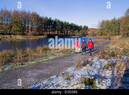 Three walkers at Cod Beck Reservoir near Osmotherley, North York Moors National Park, North Yorkshire, cold sunny winter's day Stock Photo