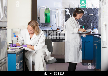 Two laboratory scientists recording chemical analysis data in a laboratory Stock Photo