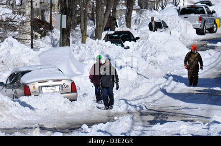 New Haven--People walk along Quinnipiac Avenue in Fair Haven. Stock Photo