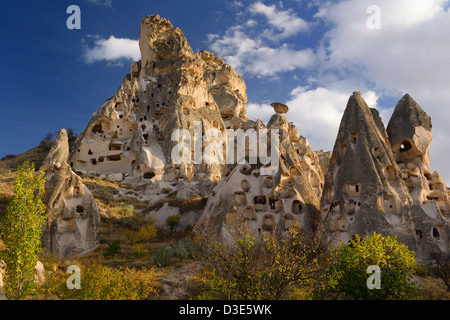 Ancient Uchisar Castle houses tunnels and pigeon roosts carved out of volcanic tuff Cappadocia Turkey Stock Photo