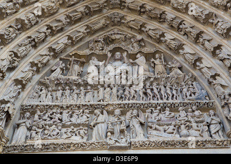 Tympanum of Cathedral of Our Lady of Amiens (French: Cathédrale Notre-Dame d'Amiens), the tallest cathedral in France. Stock Photo