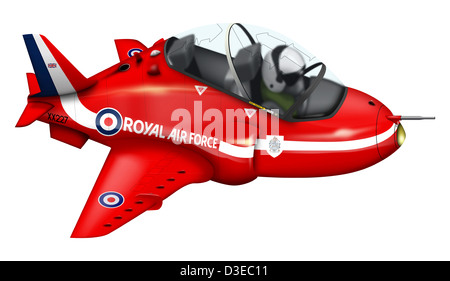 Cartoon illustration of a Royal Air Force Red Arrows Hawk airplane. Stock Photo