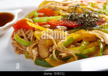 Japanese cuisine .noodles udon with chicken and vegetables Stock Photo