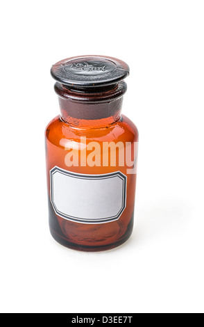 Apothecary bottle made of brown glass with empty label Stock Photo