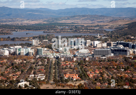 Elevated aerial view of Canberra's CBD and residential housing Canberra Australia Stock Photo