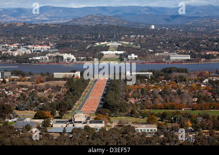 Elevated aerial view looking from the Australian War Memorial across Lake Burley Griffin to the Houses of Parliament Canberra Stock Photo