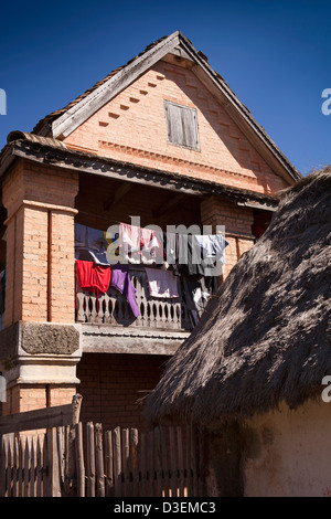 Madagascar, Ambositra, Sandrandahy washing hanging on balcony of village house Stock Photo