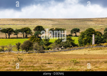 Old mine and mill workings and chimney on Dartmoor  at Powder Mills near Postbidge, Devon, Uk Stock Photo