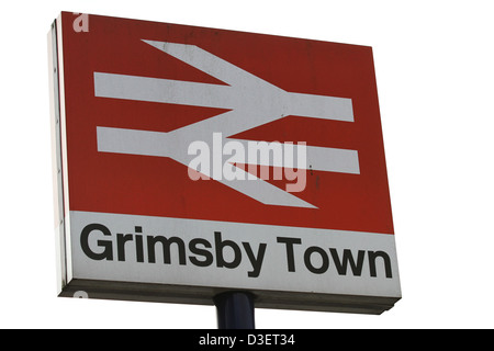 Grimsby in Lincolnshire, the railway sign for the fishing port of Great Grimsby Stock Photo