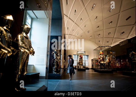 Exhibition pieces of the Armory of the Dresden State Art Collection are on display in the re-built Great Hall (Riesensaal) of Dresden Castle in Dresden, Germany, 18 February 2013. Around 13 million euros was invested into the reconstruction and furnishing of the Great Hall by the state of Saxony. Approximately 350 exhibition pieces of the world's largest armory collection can be viewed in the 750 meter large room starting on 19 February. Photo: MARTIN FOERSTER Stock Photo