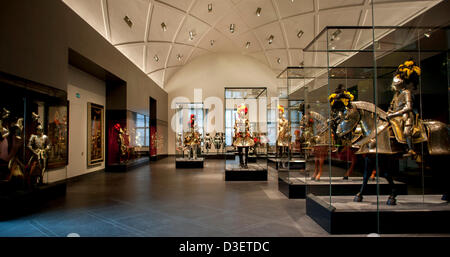 Exhibition pieces of the Armory of the Dresden State Art Collection are on display in the re-built Great Hall (Riesensaal) of Dresden Castle in Dresden, Germany, 18 February 2013. Around 13 million euros was invested into the reconstruction and furnishing of the Great Hall by the state of Saxony. Approximately 350 exhibition pieces of the world's largest armory collection can be viewed in the 750 meter large room starting on 19 February. Photo: MARTIN FOERSTER Stock Photo