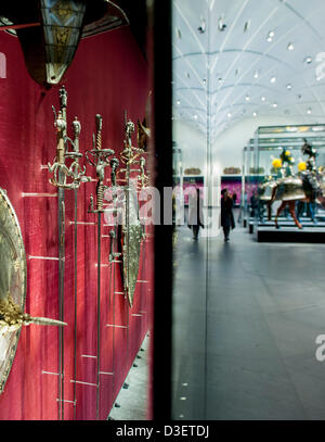 Exhibition pieces of the Armory of the Dresden State Art Collection are on display in the re-built Great Hall (Riesensaal) of Dresden Castle in Dresden, Germany, 18 February 2013. Around 13 million euros was invested into the reconstruction and furnishing of the Great Hall by the state of Saxony. Approximately 350 exhibition pieces of the world's largest armory collection can be viewed in the 750 meter large room starting on 19 February. Photo: MARTIN FOERSTER Stock Photo