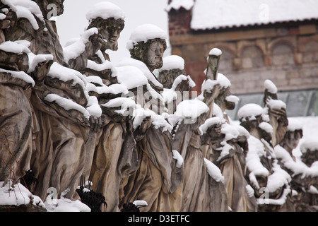 Snow on statues of the 12 disciples at the Church of Saints Peter and Paul in Krakow, Poland. Stock Photo