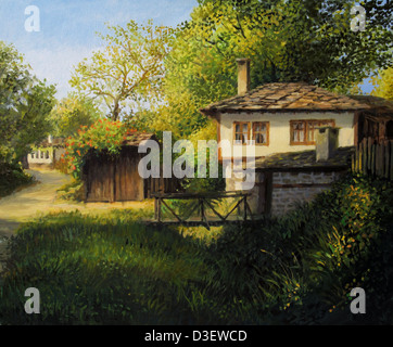 An oil painting on canvas of an old house in the secluded mountain village Bojenci. A Colorful rural landscape. Stock Photo