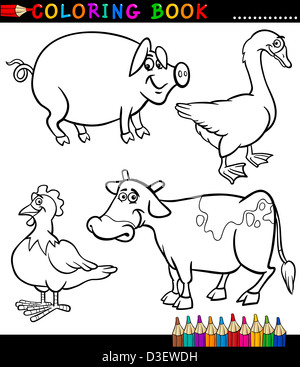 Black and White Coloring Book or Page Cartoon Illustration Set of Funny Farm and Livestock Animals for Children Stock Photo