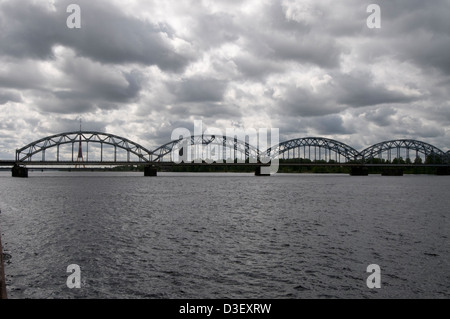 The Stone Bridge ( Mainline railway) across the River Daugava in Riga, Latvia, Baltic States Stock Photo